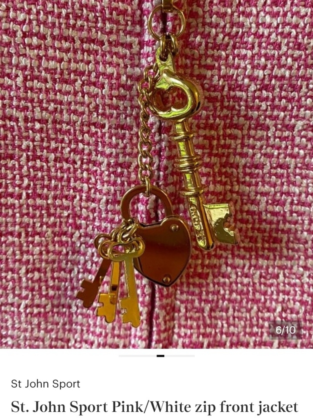 St. John Pink White Tweed Signature Key Lock Zip Jacket Gold Charm S/P - Picture 4 of 8